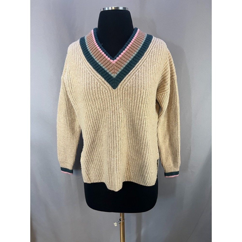 Madewell Womens Small Wool Blend Tipped V-Neck Cricket Sweater Preppy Academia